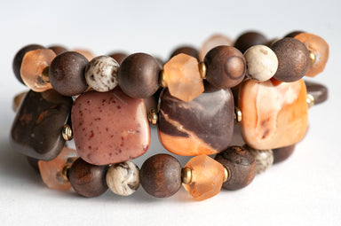 Safari Jasper, Graphic Feldspar, Olive Wood and Recycled glass in a handmade beaded bracelet