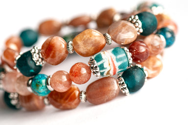 Sunstone and Shattuckite bracelet set with recycled glass beads handmade in Canada