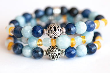 Forget Me Not bracelet set with Aquamarine, Sodalite and Baltic Amber beads