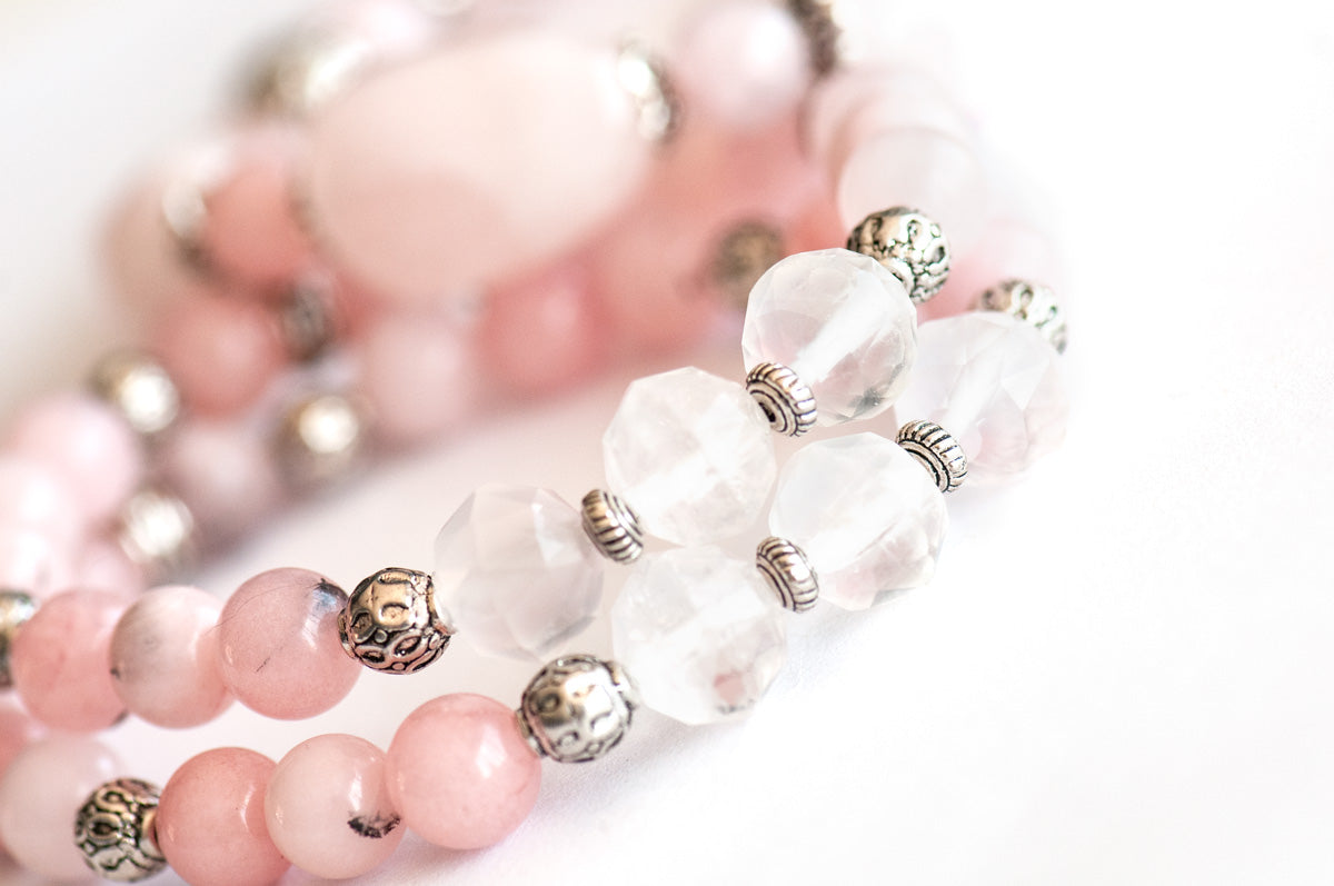 pink gemstone bracelet set with rose quartz and cherry blossom jasper