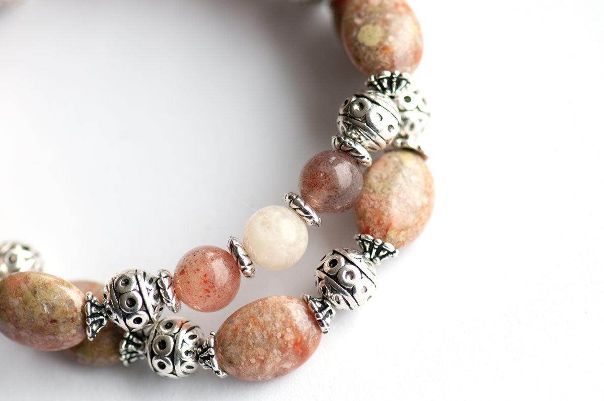 Sunstone a Unakite stone bracelet with silver accents handmade in New Brunswick