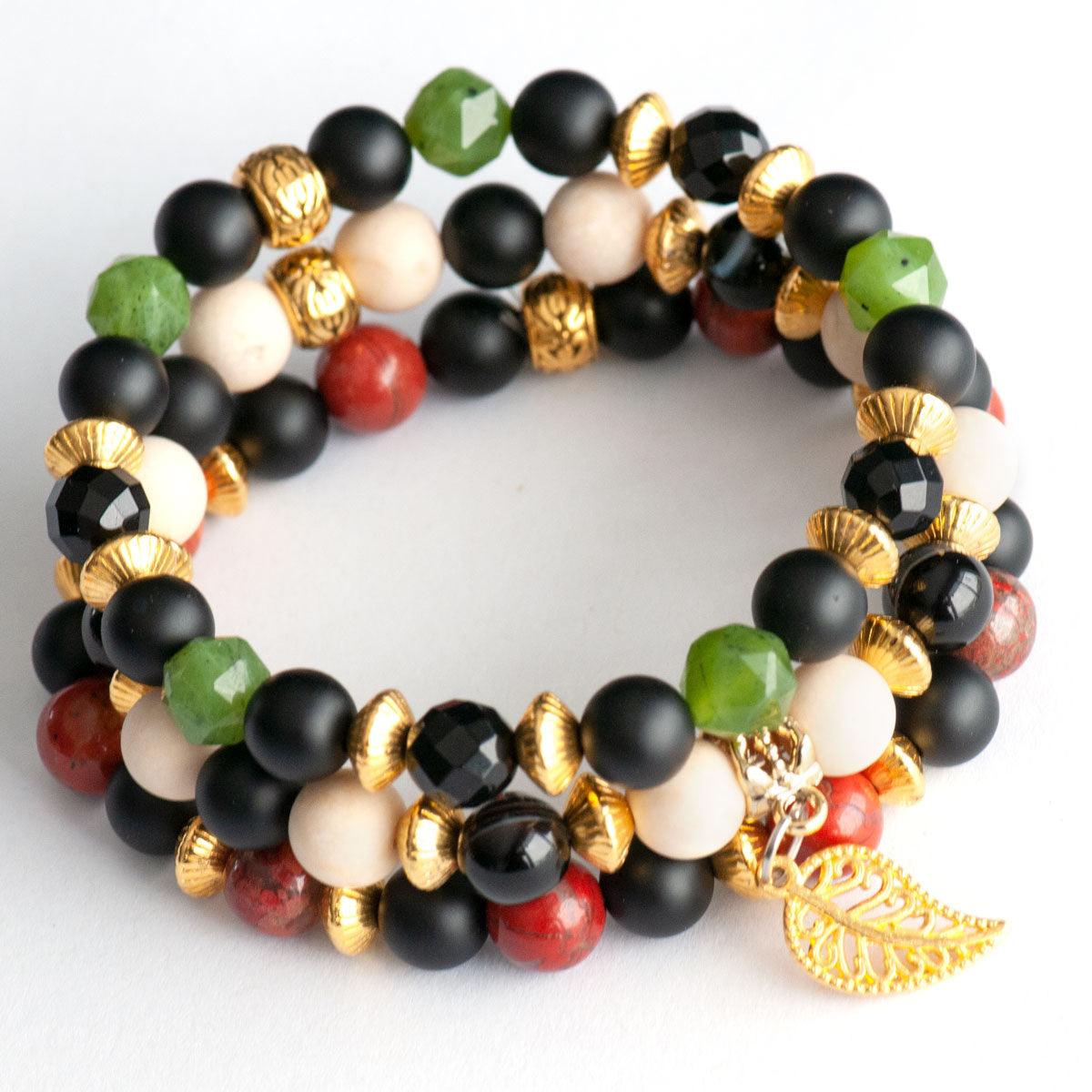 Gemstone bracelet set with gold accent beads