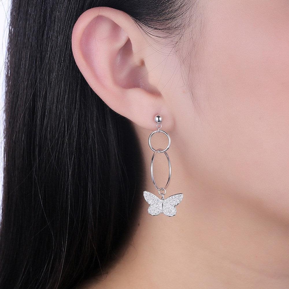 Sterling Silver Asymmetrical Dangle Earrings with Butterfly - Fierce Lynx Designs