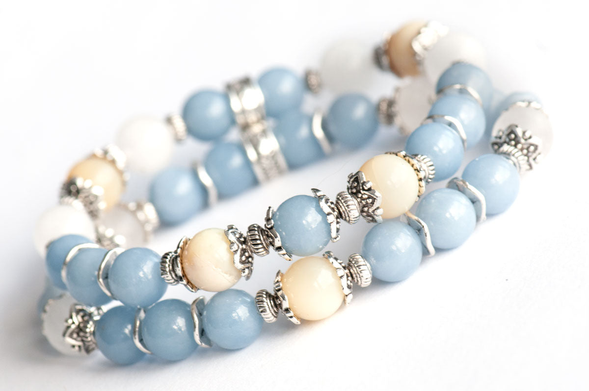 Snow Angel bracelet set with AA Yellow Opal and Angelite beads