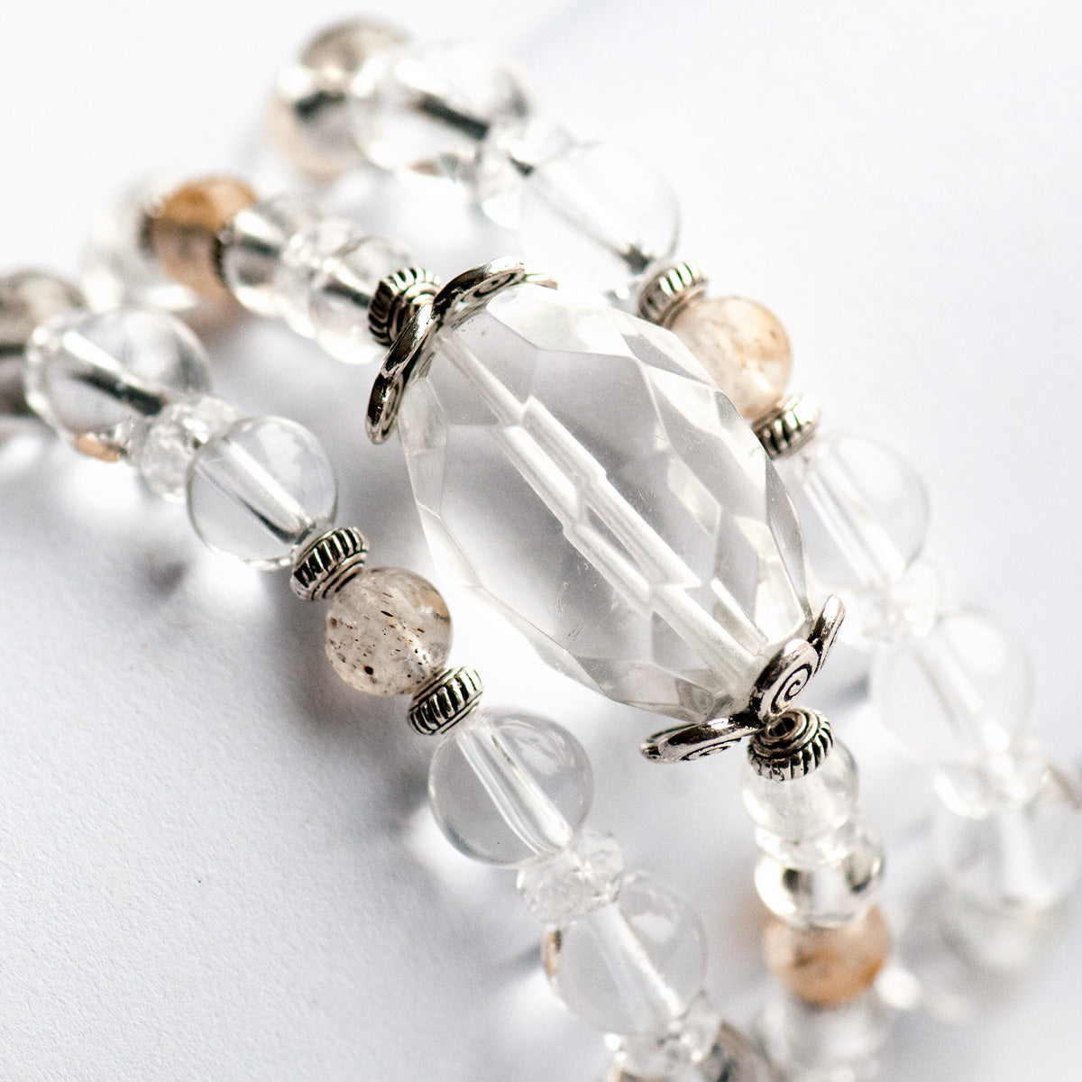 Handmade crystal quartz bracelet set with biotite gemstone beads