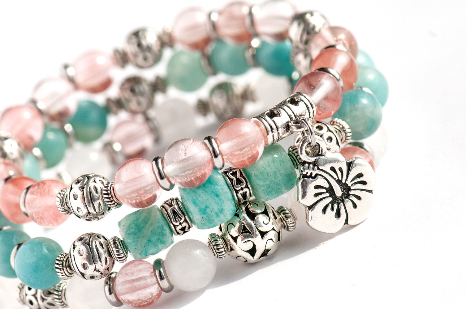 natural stone bracelet stack handmade in Canada with amazonite, cherry quartz and jade beads