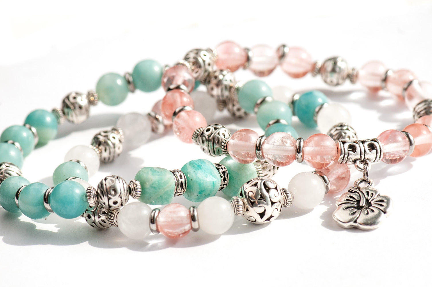 Tropical Hibiscus summer bracelet stack natural stone beads