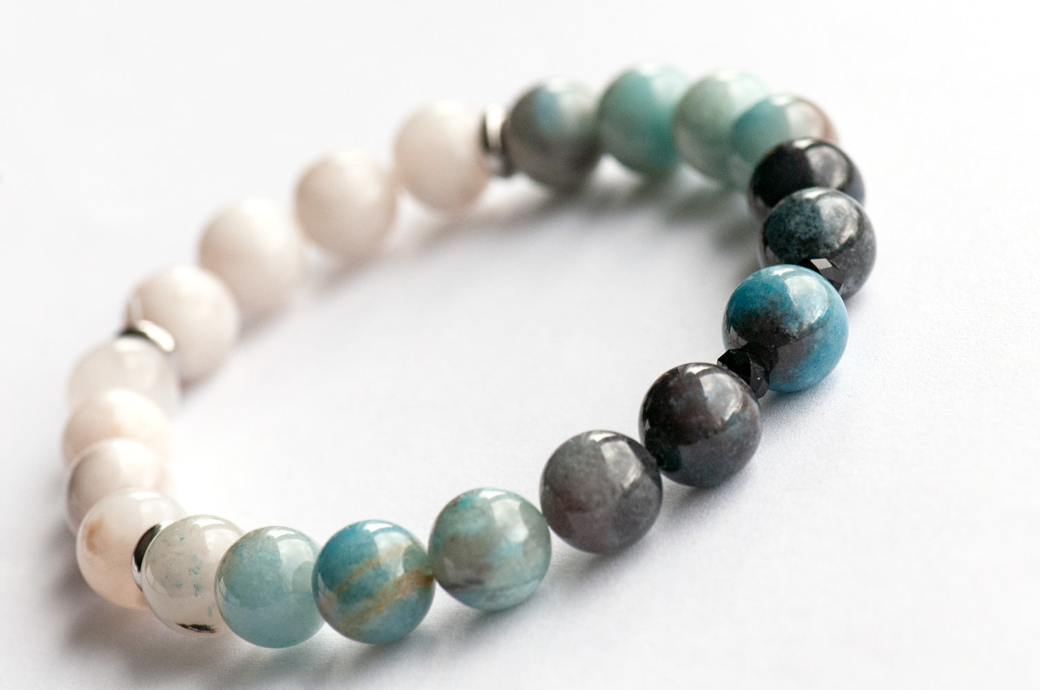 Single strand blue ombre Trolleite bracelet with black onyx accent beads and white Jade, handmade in New Brunswick Canada