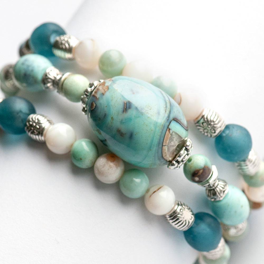 Tidepool Treasures three-bracelet set with Terra Agate, recycled beach glass and shell beads handmade in New Brunswick, Canada
