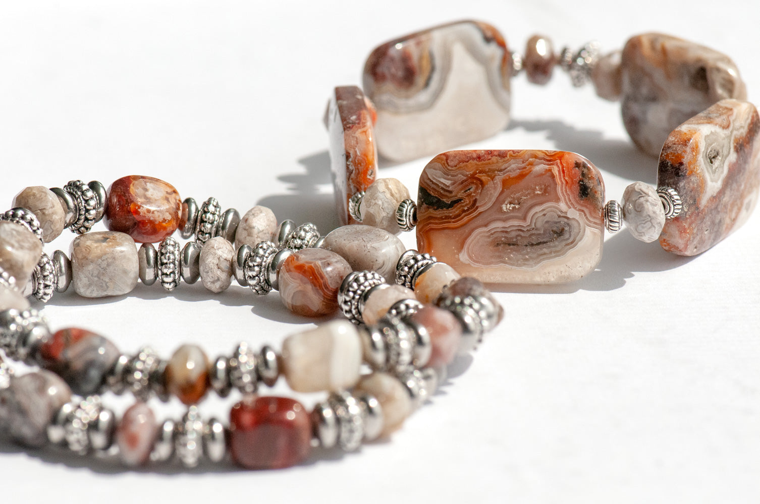 Laguna Agate bracelet set with silver accents handmade in New Brunswick, Canada