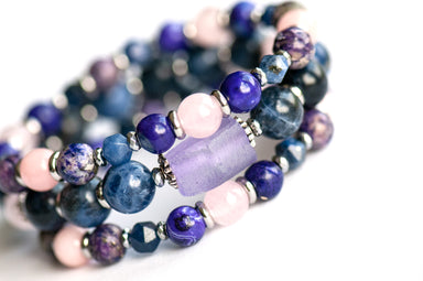 Dignified Lynx - three bracelet set with Sodalite, Rose Quartz and purple agate