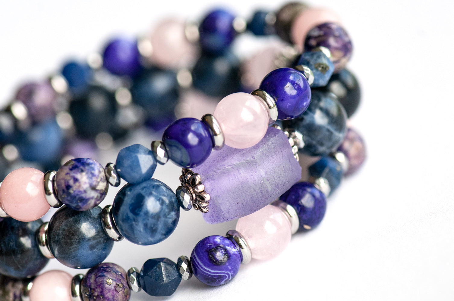 Gorgeous handmade bracelet set featuring sodalite and quartz