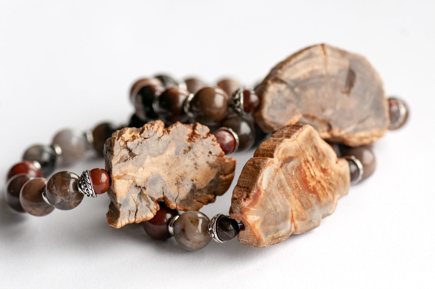 Natural petrified wood agate bracelet with a petrified wood slab focal
