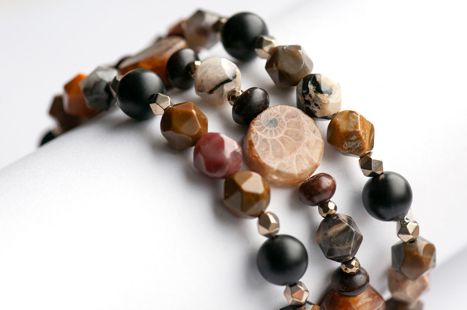Handmade Ammolite and petrified wood bracelet set made in Canada