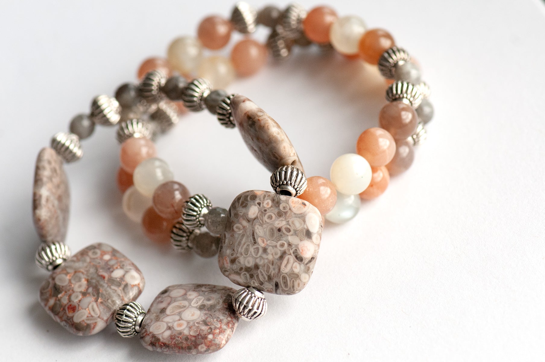 Rainbow moonstone, labrdorite and fossil jasper bracelet set handmade in canada