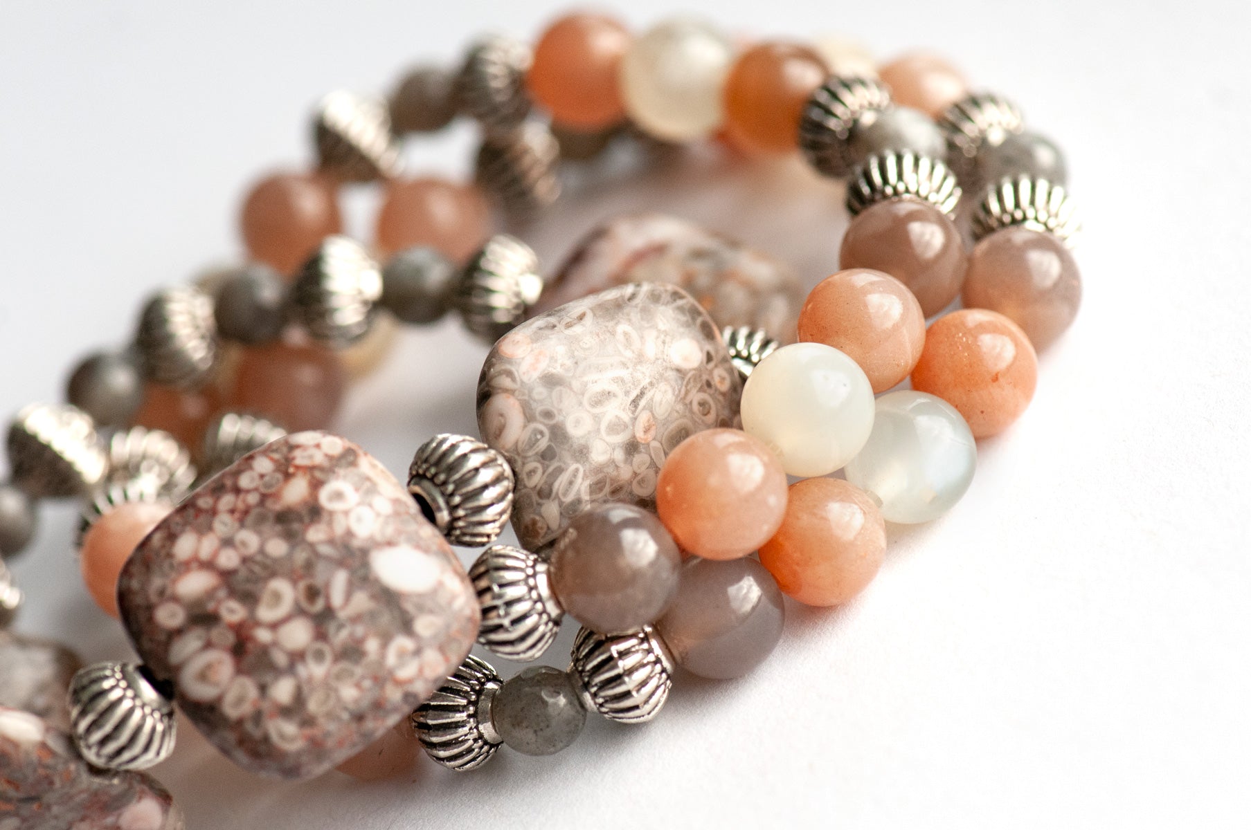 Rainbow moonstone, labrdorite and fossil jasper bracelet set handmade in canada