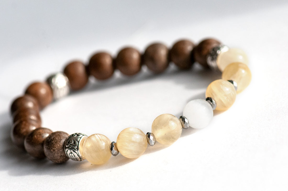 Selenite Serenity yellow selenite, hematite, and wood bracelet handmade in Canada
