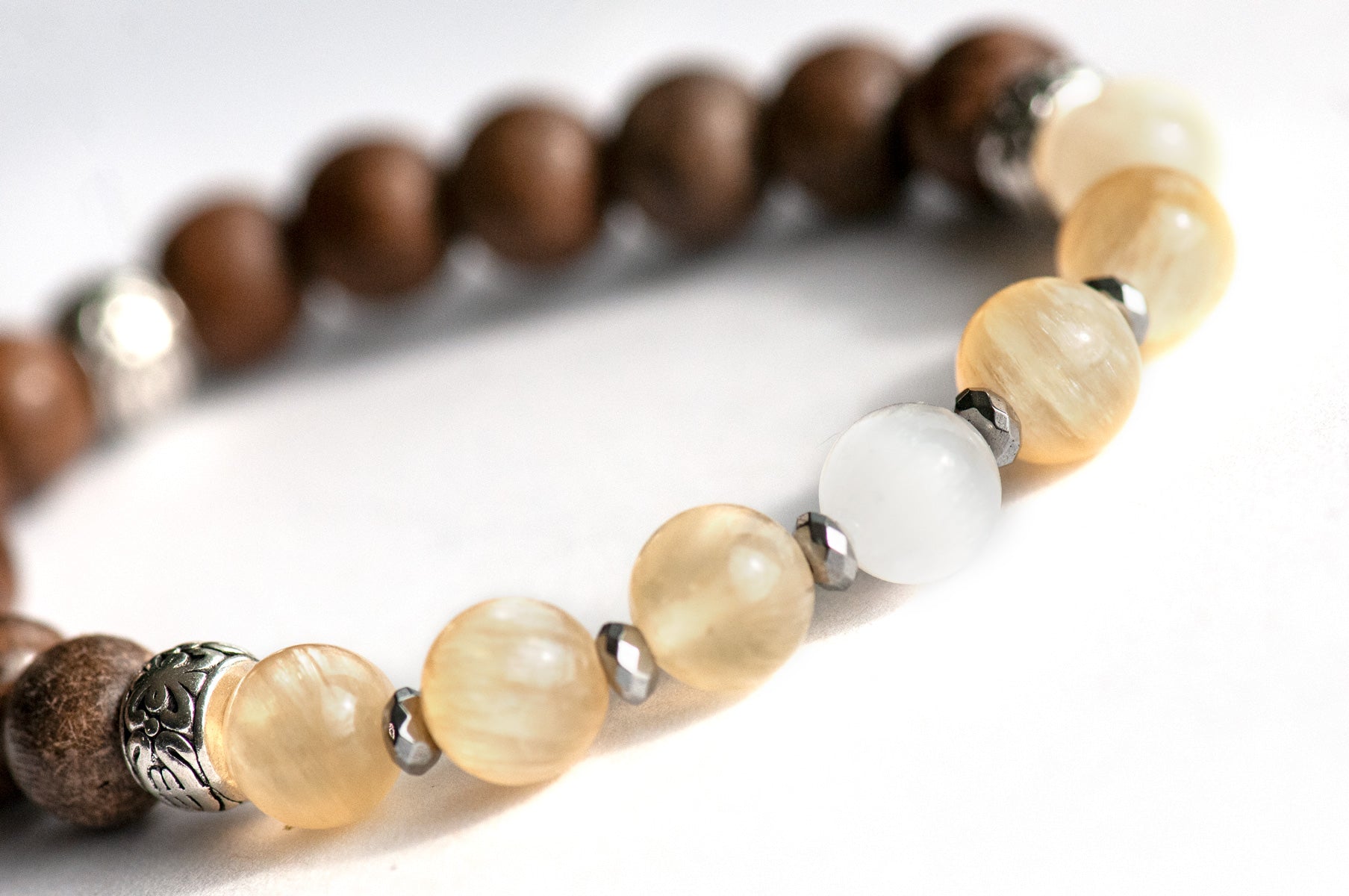 Selenite Serenity yellow selenite, hematite, and wood bracelet handmade in Canada