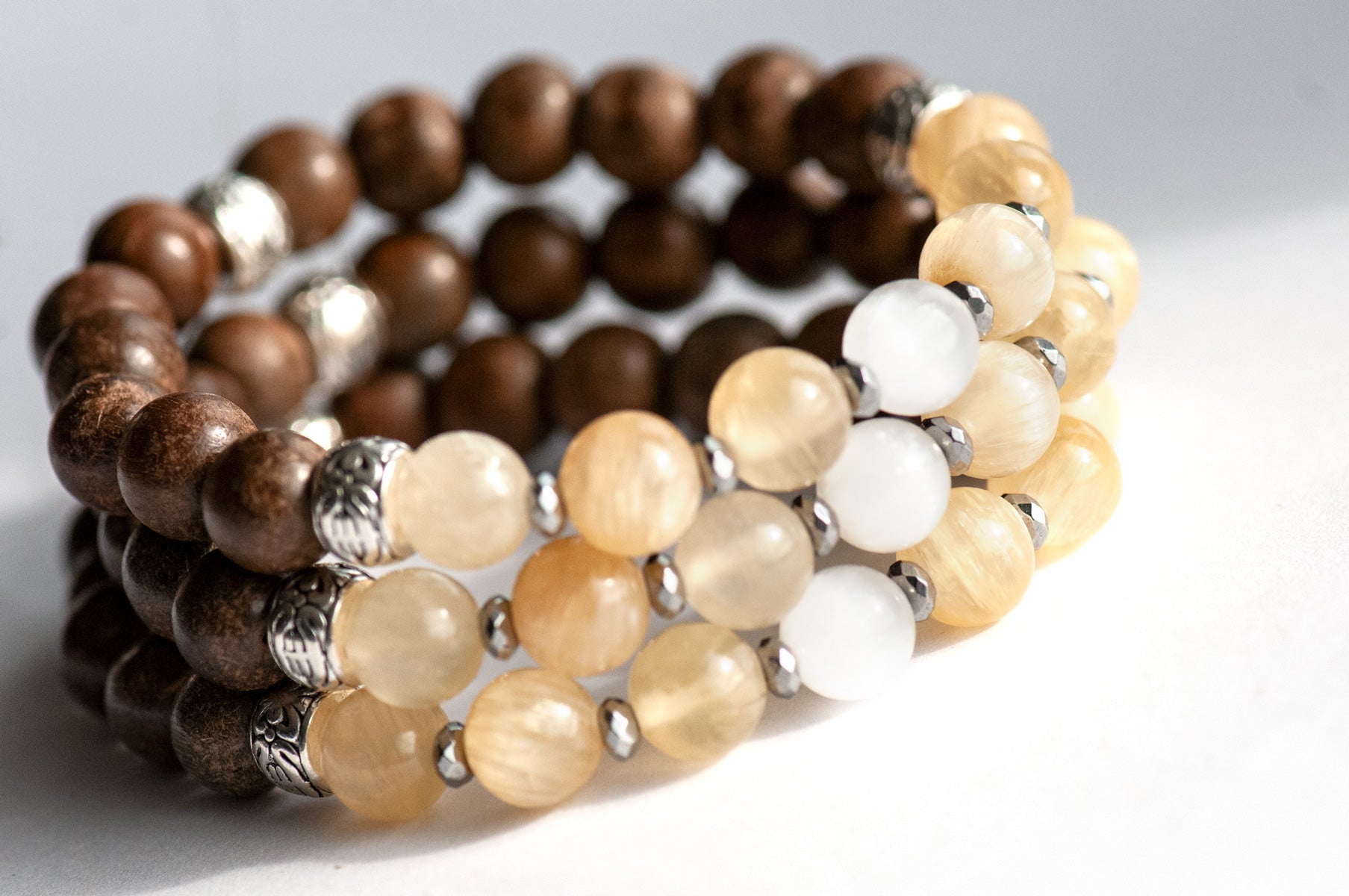Selenite Serenity yellow selenite, hematite, and wood bracelet handmade in Canada sold separately