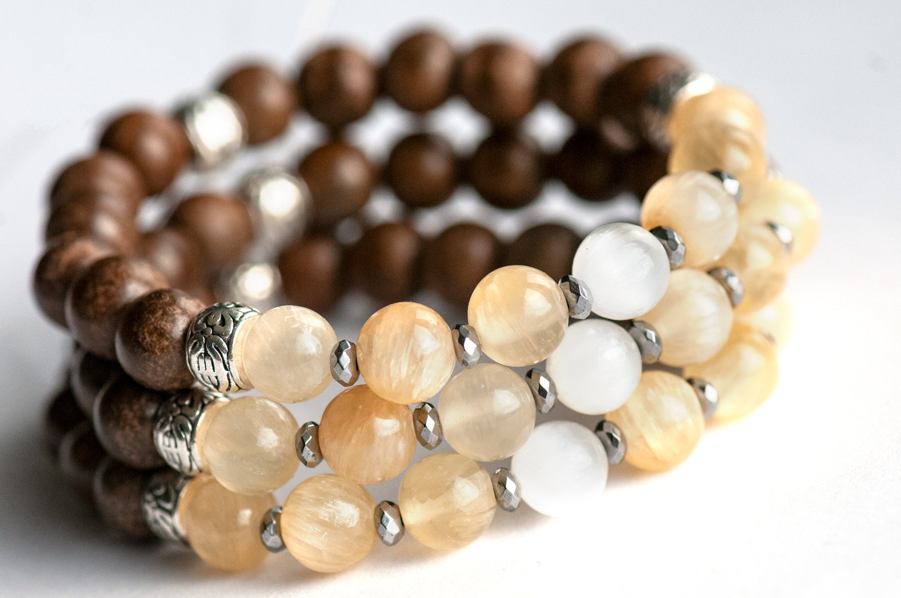 Selenite Serenity yellow selenite, hematite, and wood bracelet handmade in Canada sold separately
