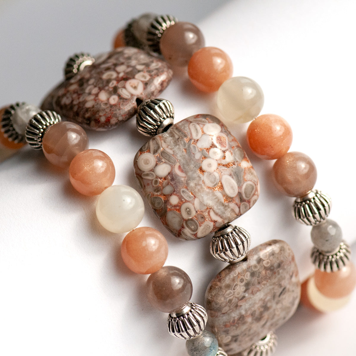 Rainbow moonstone, labrdorite and fossil jasper bracelet set handmade in canada