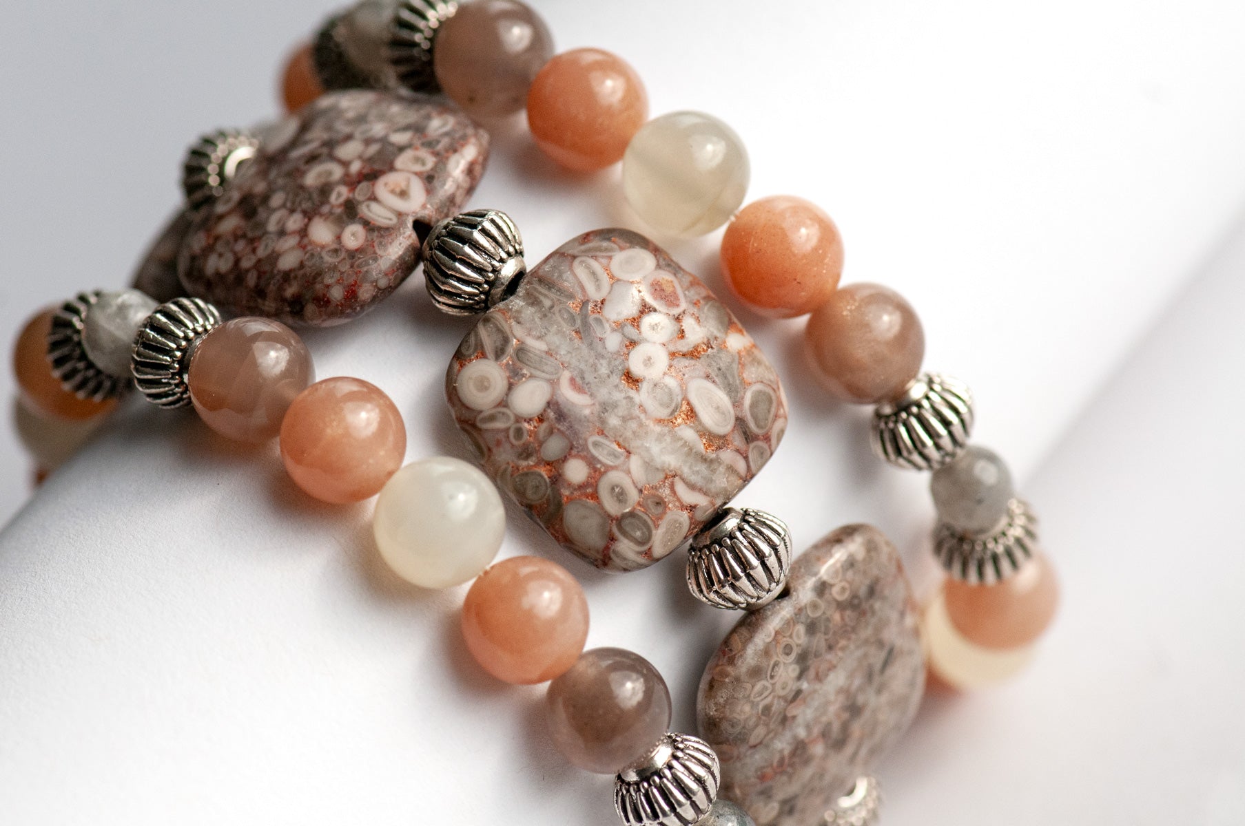 Rainbow moonstone, labrdorite and fossil jasper bracelet set handmade in canada