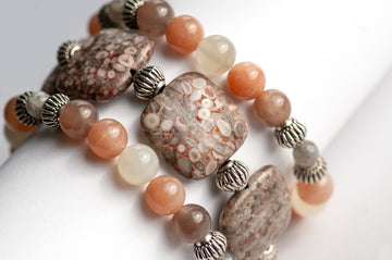 Rainbow moonstone, labrdorite and fossil jasper bracelet set handmade in canada