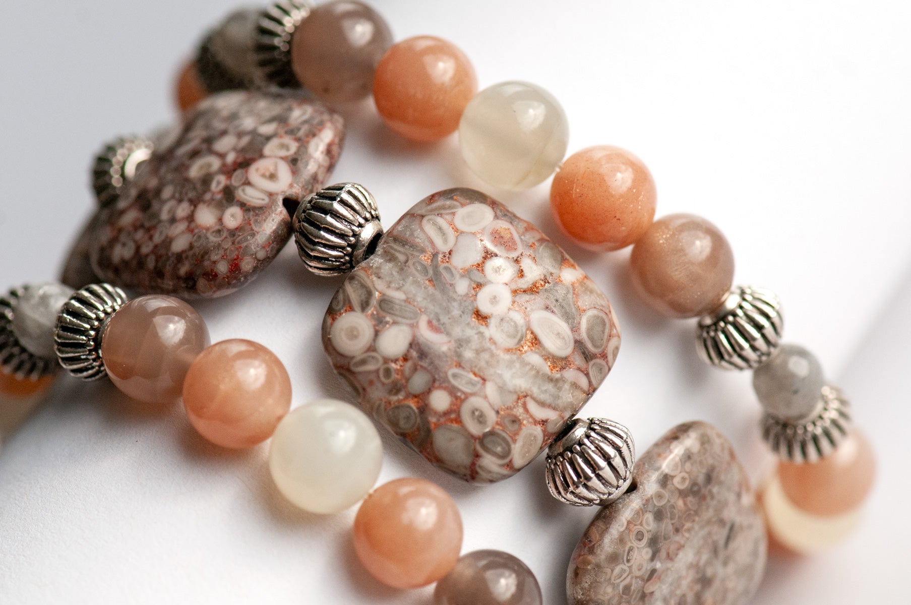 Rainbow moonstone, labrdorite and fossil jasper bracelet set handmade in canada
