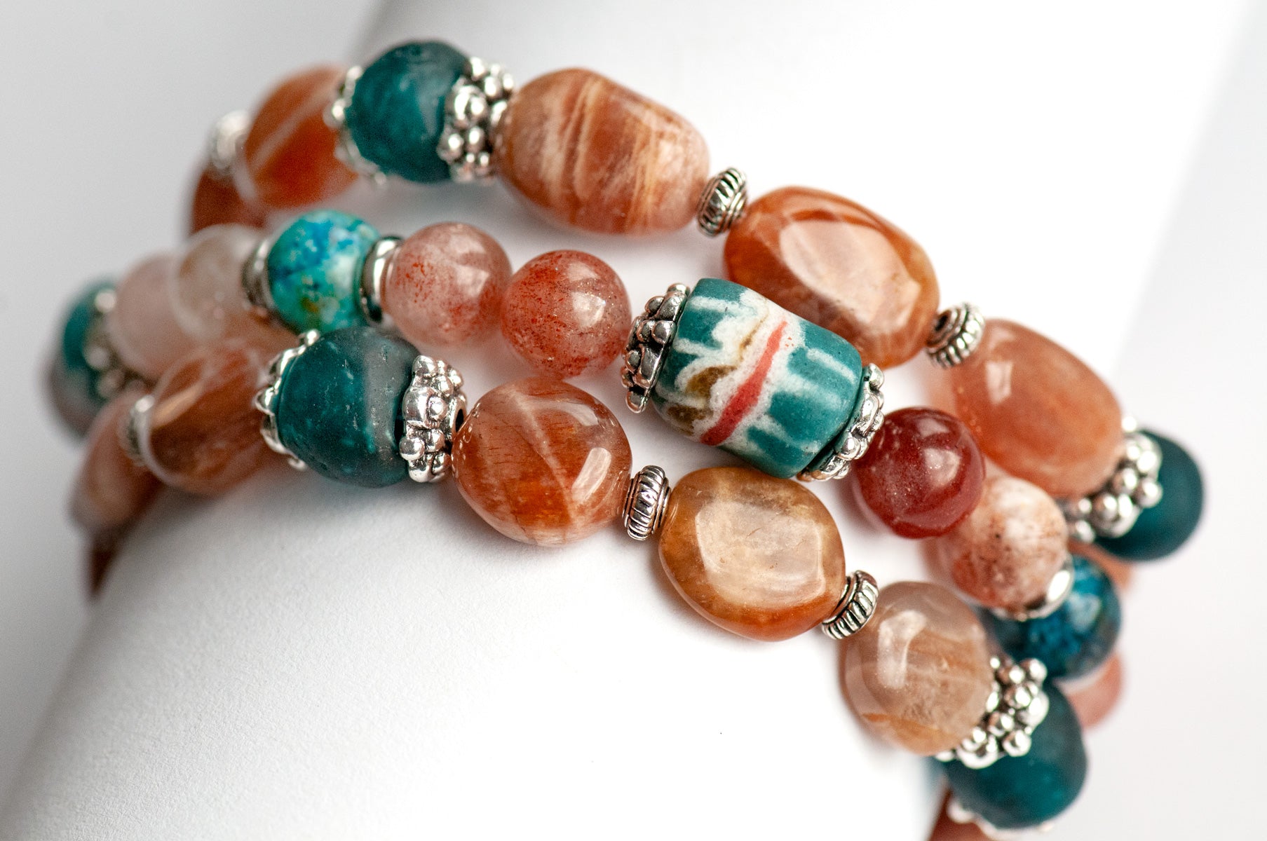 Sunstone and Shattuckite bracelet set with recycled glass beads handmade in Canada