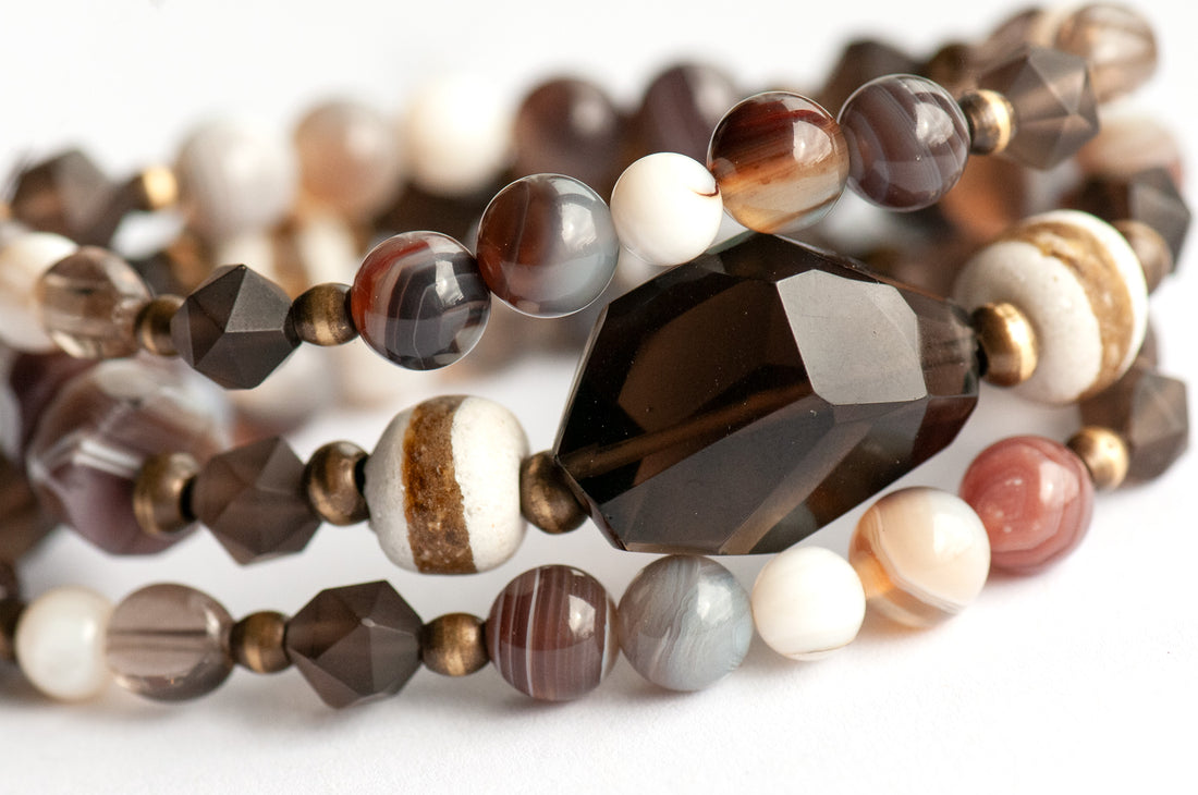Handmade smokey Quartz and Botswana Agate Bracelet set celebrating Canada's Boreal Forest