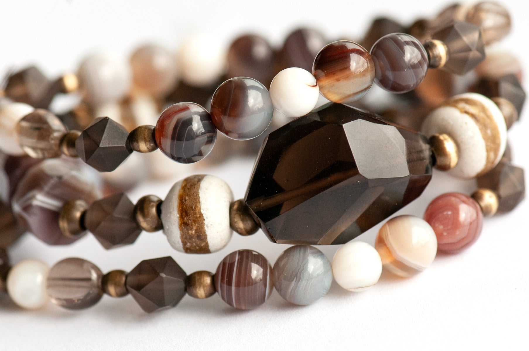 Handmade smokey Quartz and Botswana Agate Bracelet set celebrating Canada's Boreal Forest