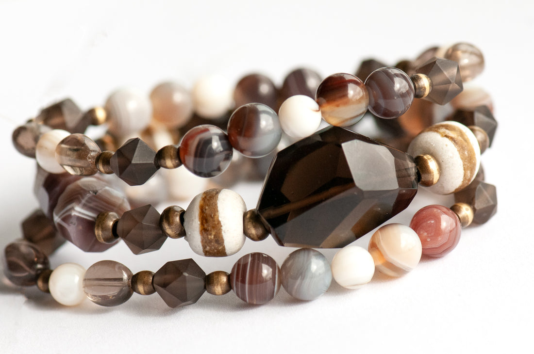 Handmade smokey Quartz and Botswana Agate Bracelet set celebrating Canada's Boreal Forest