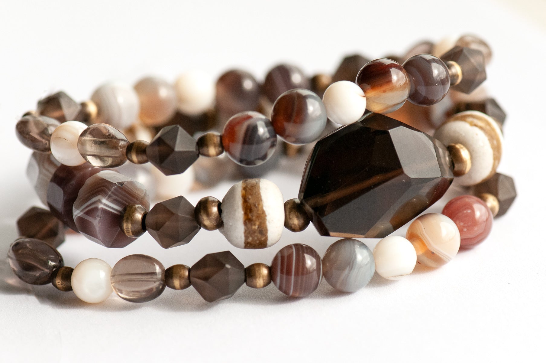 Handmade smokey Quartz and Botswana Agate Bracelet set celebrating Canada's Boreal Forest