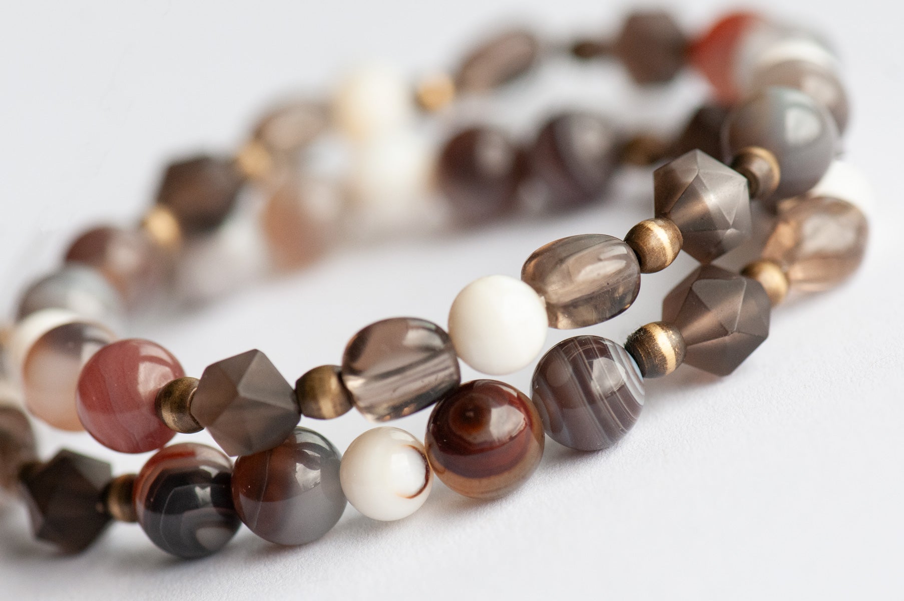 Handmade smokey Quartz and Botswana Agate Bracelet set celebrating Canada's Boreal Forest