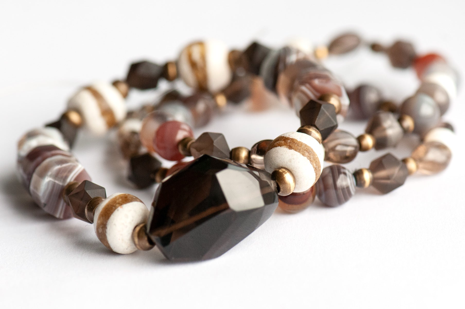 Handmade smokey Quartz and Botswana Agate Bracelet set celebrating Canada's Boreal Forest