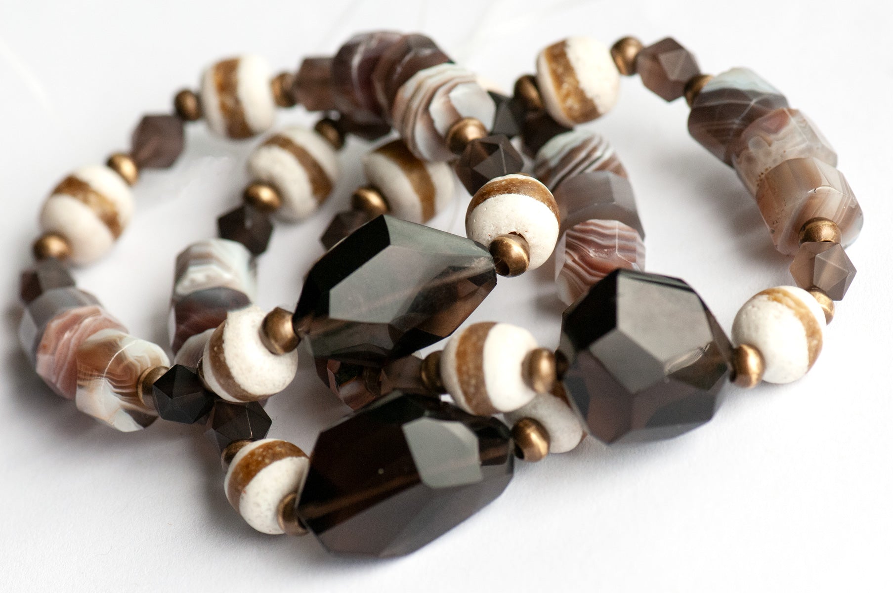 Handmade smokey Quartz and Botswana Agate Bracelet set celebrating Canada's Boreal Forest