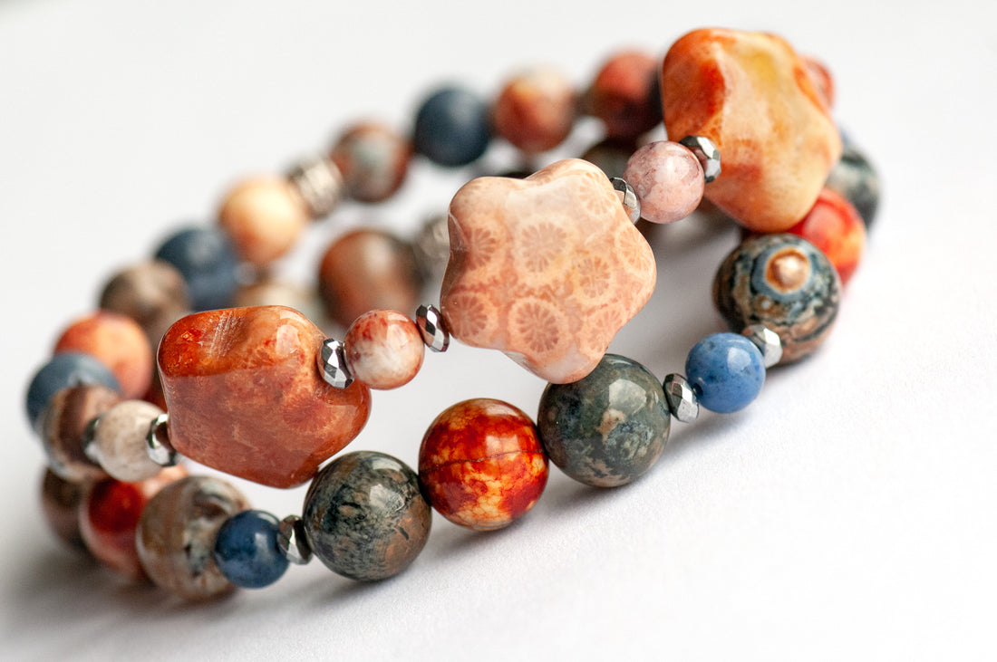 Handmade gemstone bracelet set of two featuring fossil coral, agate, hematite, and dumortierite 