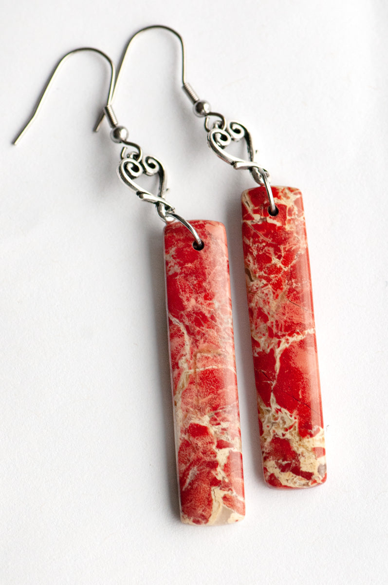 Red Bend Jasper Earrings with Silver-Plated Vine Hearts - Fierce Lynx Designs