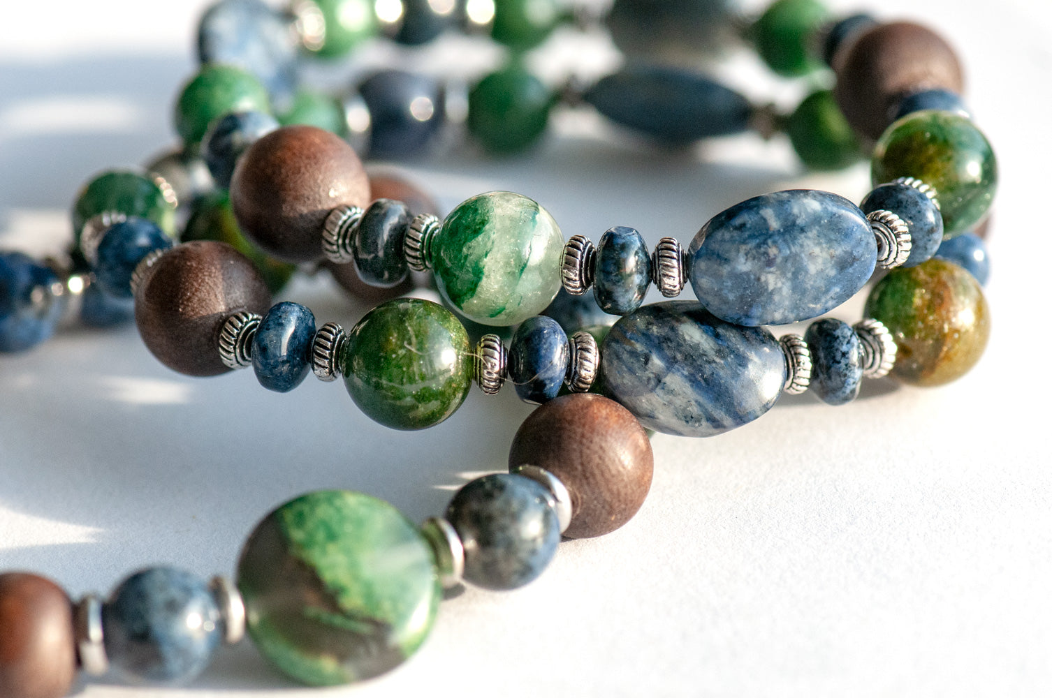 Handmade three bracelet set with Dumortierite, verdite, green mica, and olive wood, ethically sourced