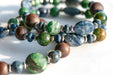 Handmade three bracelet set with Dumortierite, verdite, green mica, and olive wood, ethically sourced