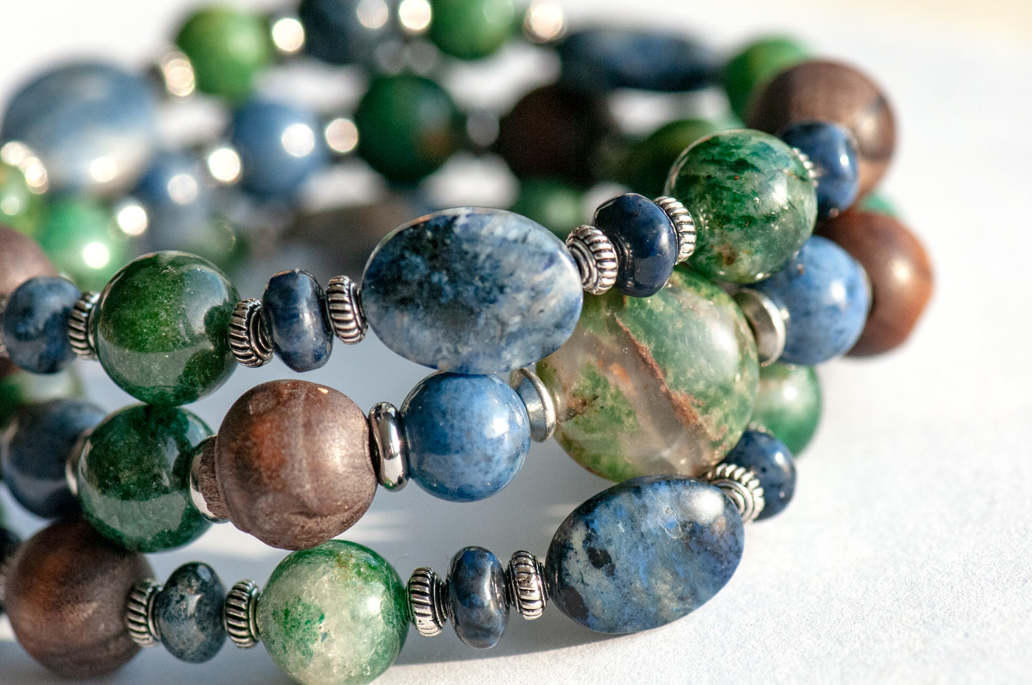 Handmade three bracelet set with Dumortierite, verdite, green mica, and olive wood, ethically sourced