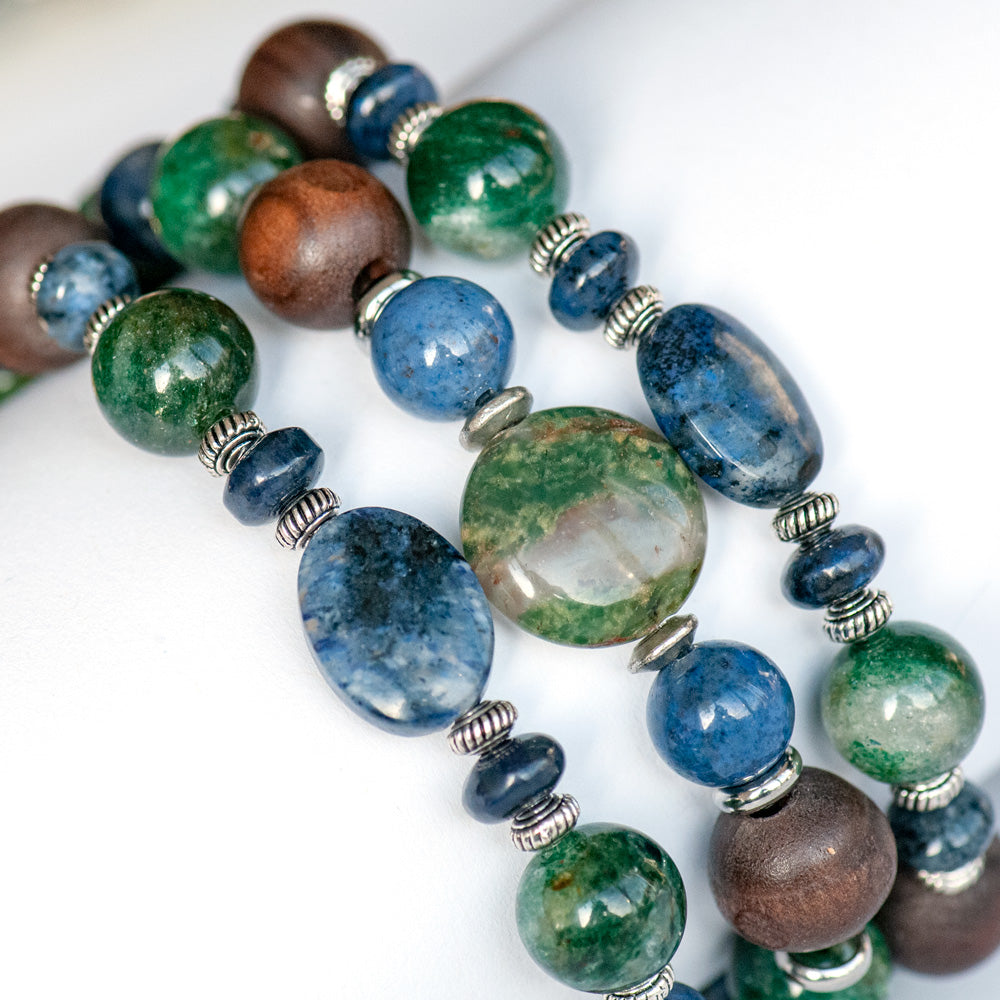 Handmade three bracelet set with Dumortierite, verdite, green mica, and olive wood, ethically sourced