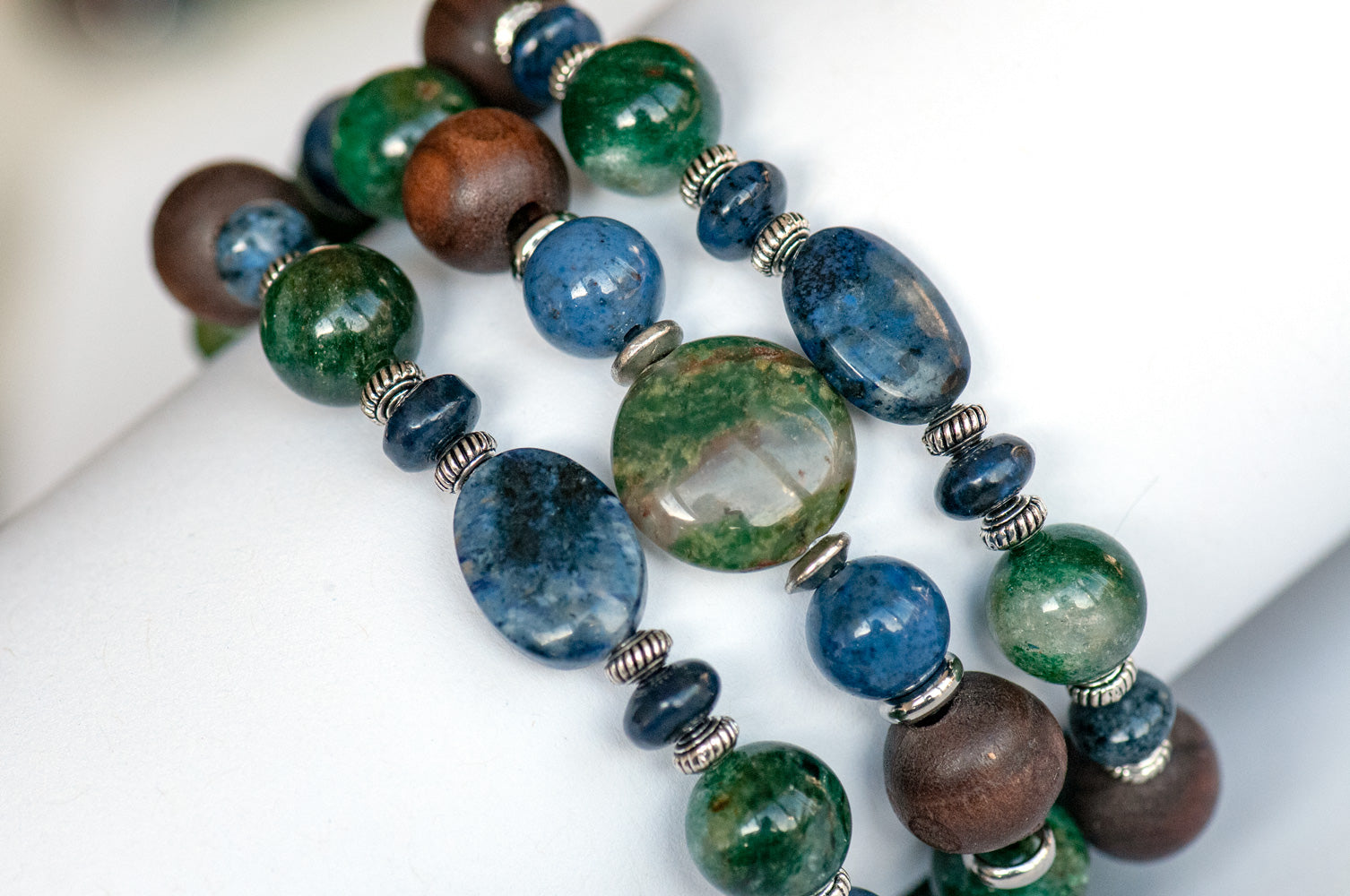 Handmade three bracelet set with Dumortierite, verdite, green mica, and olive wood, ethically sourced