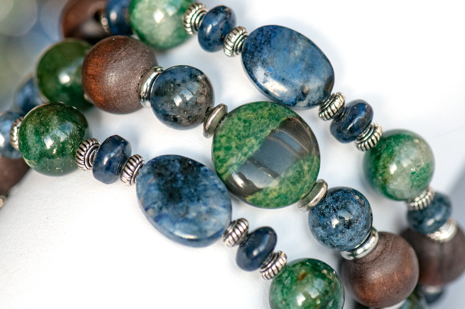 Handmade three bracelet set with Dumortierite, verdite, green mica, and olive wood, ethically sourced