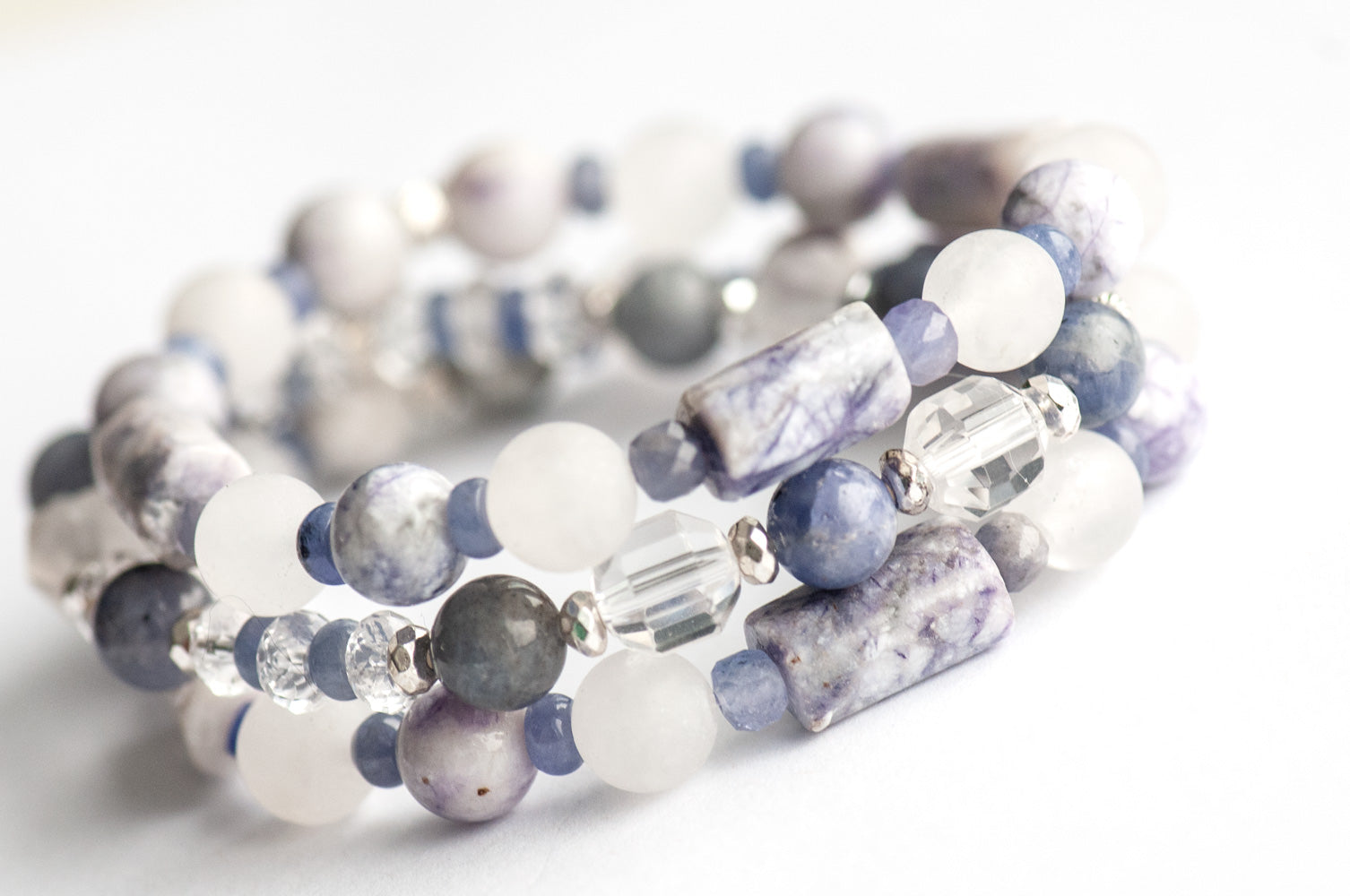 Tanzanite, Crystal Quartz, and Tiffany Jasper bracelet set handmade in New Brunswick Canada