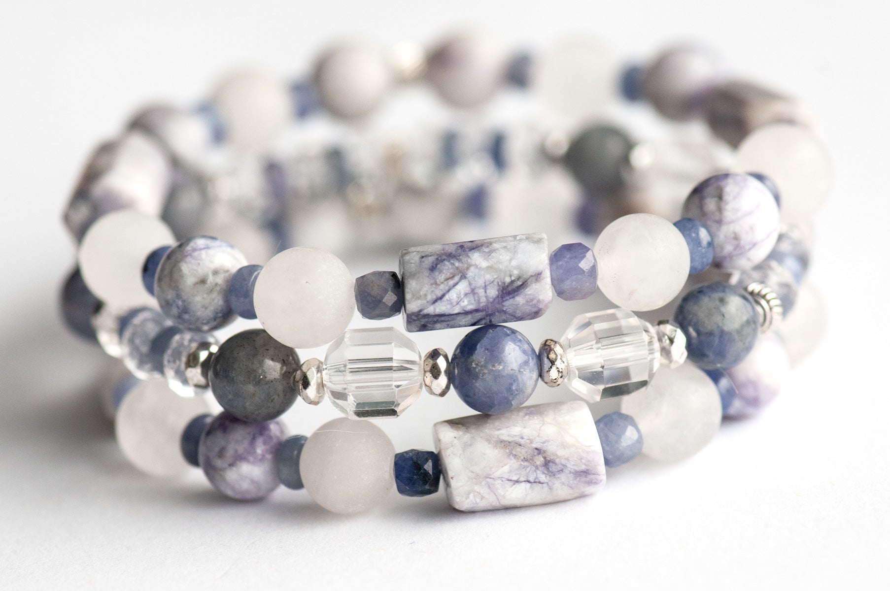 Tanzanite, Crystal Quartz, and Tiffany Jasper bracelet set handmade in New Brunswick Canada
