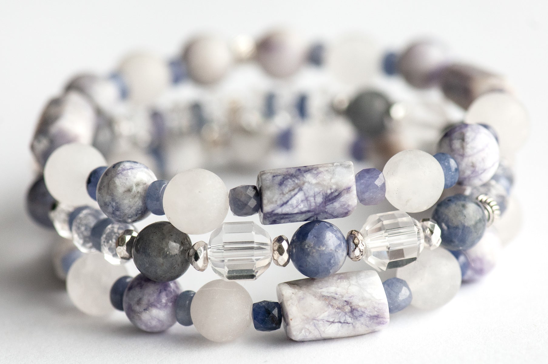 Tanzanite, Crystal Quartz, and Tiffany Jasper bracelet set handmade in New Brunswick Canada