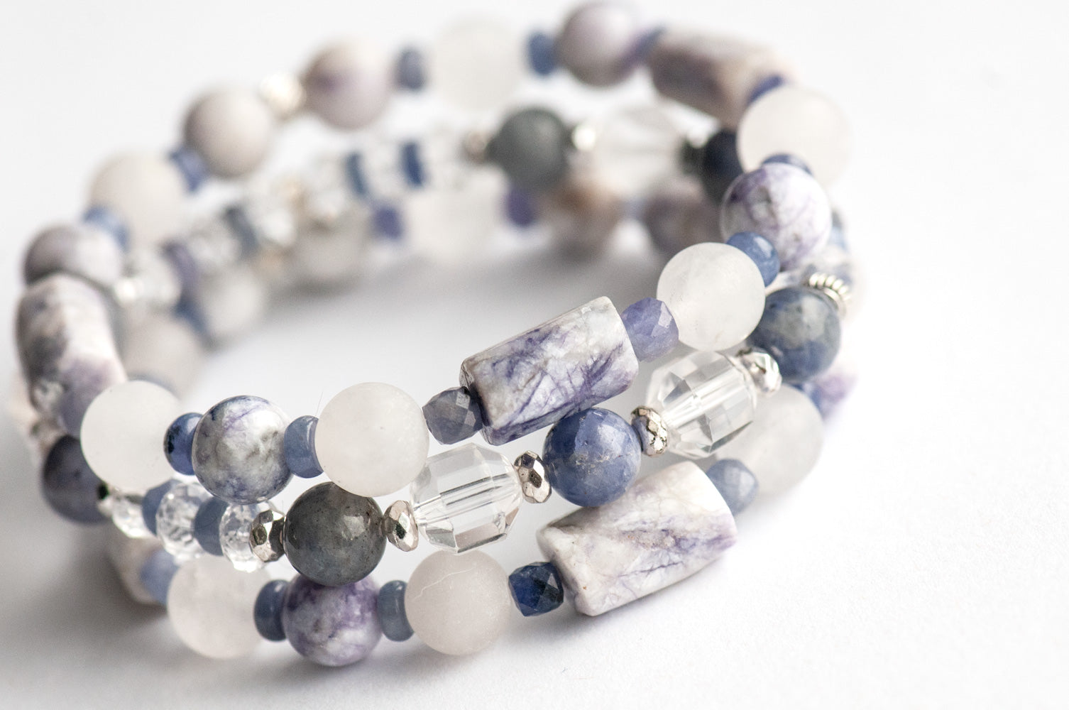 Tanzanite, Crystal Quartz, and Tiffany Jasper bracelet set handmade in New Brunswick Canada
