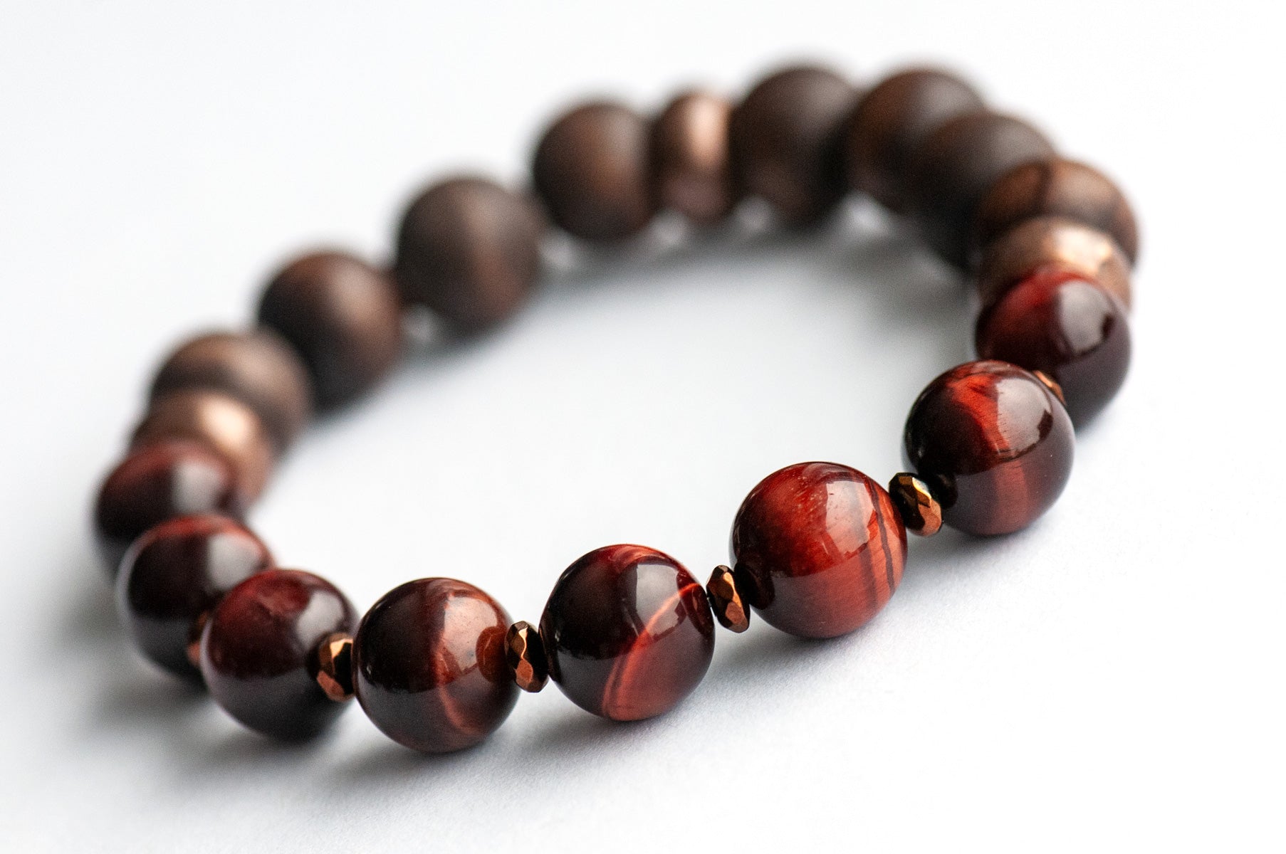Red Tiger Eye, vintage olive wood, and copper hematite bracelet, handmade in New Brunswick Canada