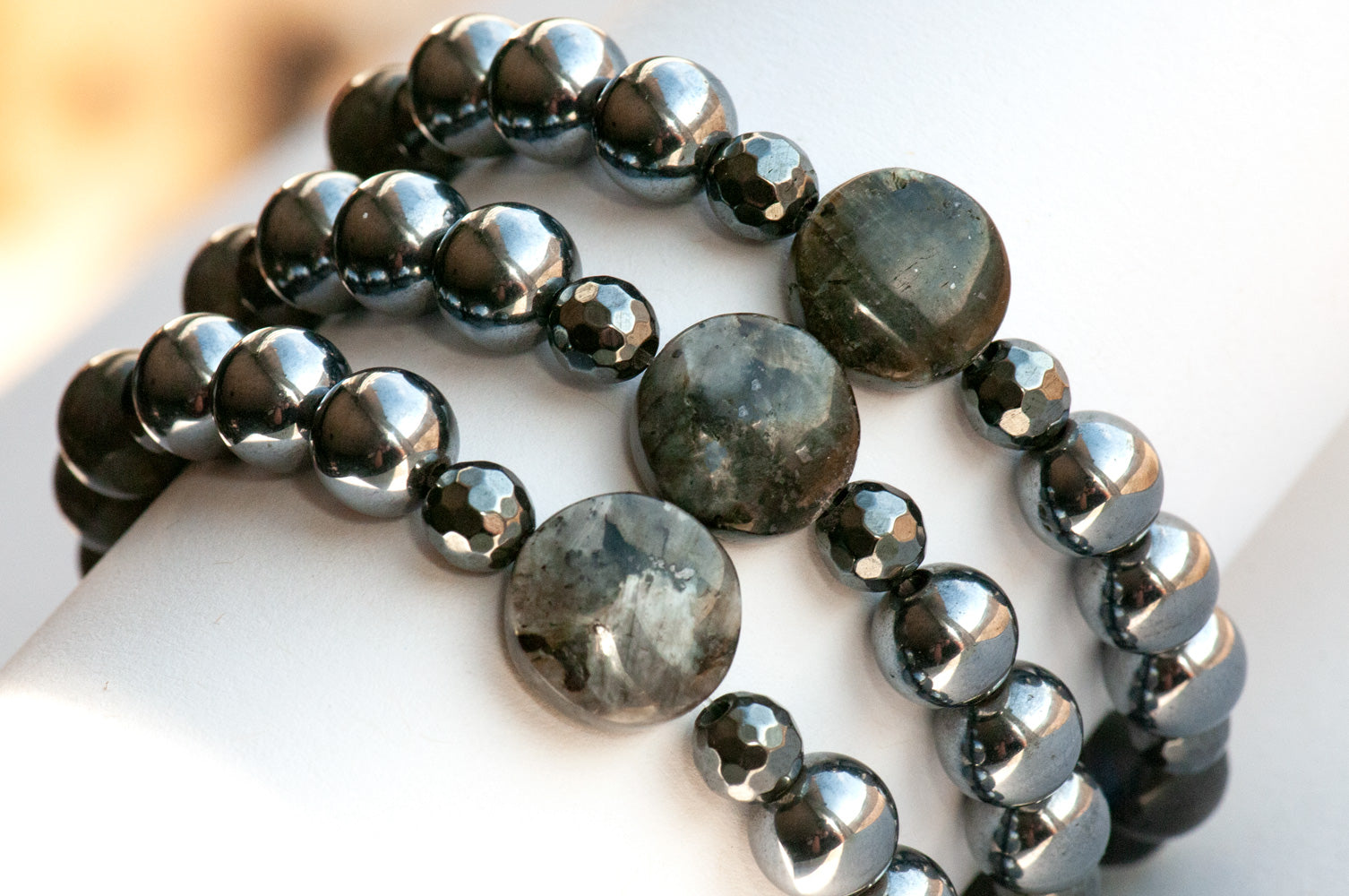 Larvikite, terahertz, black labradorite and hematite bracelet stack, sold separately